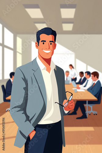 A man in a blazer standing in front of a meeting