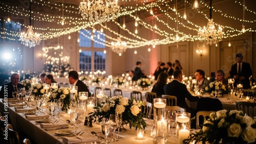 A beautifully decorated banquet hall with tables set for a formal event