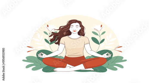 Woman sitting peacefully with flower background illustration, promoting mental health, yoga practice, self-care, mindfulness, relaxation, wellness lifestyle vector