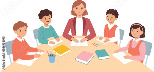 cheerful classroom study group scene teacher children sitting around table