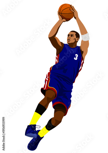 075-15-Basketball player in blue jersey jumping to shoot ball, isolated on white background