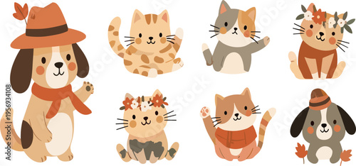 Cute autumn animals collection with cats and dog wearing scarf hat fall season kawaii cartoon vector illustration set isolated