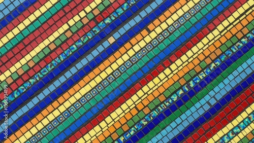 A vibrant mosaic pattern with colorful tiles and geometric designs
