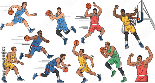 Basketball Players Action Pose Vector Set with Dribbling, Shooting, Dunking and Defensive Stance for Sports and Athletic Illustration Design