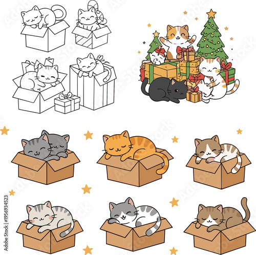 Cute cats in box collection with sleeping kittens gift boxes and Christmas scene kawaii cartoon vector illustration set