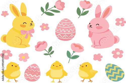 Cute Easter bunny and chick collection with decorated eggs flowers spring holiday kawaii cartoon vector illustration set isolated
