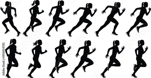 Comprehensive collection of female runner silhouettes featuring women jogging, sprinting, and marathon training in various athletic poses for fitness, health, and sports competition designs.