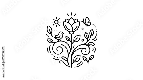 Elegant Floral Emblem with Bird and Butterfly