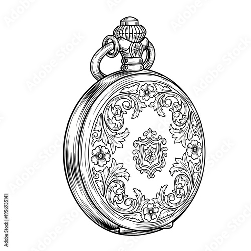 Antique Pocket Watch with Ornate Floral Engraving and Shield Emblem