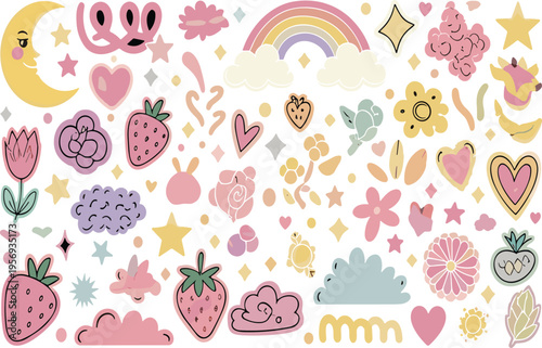 Cute pastel doodle elements collection with rainbow hearts flowers moon stars and kawaii shapes flat vector illustration set
