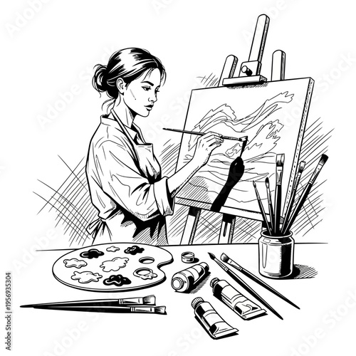 Artist painting on canvas at easel with palette and brushes, creative process