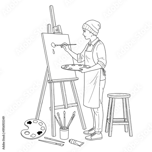 Artist painting on canvas easel with palette and brushes, creative process