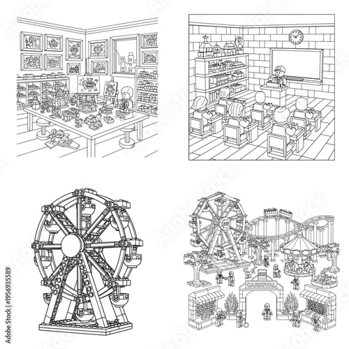 Whimsical line art scenes depicting children's imagination and play, from a toy-filled room to an amusement park.