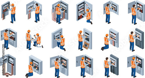 Comprehensive isometric vector set of professional electricians in high-visibility vests performing maintenance, repair, and wiring on industrial electrical control panels and circuit breaker boxes.