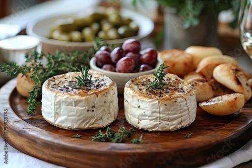 Delicious baked camembert with rosemary, served on a wooden board. It's perfect for showcasing food photography or gourmet appetizer concepts.