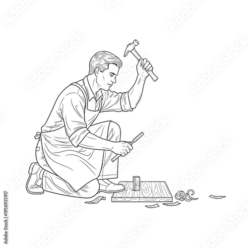 Craftsman Carving Wood with Hammer and Chisel