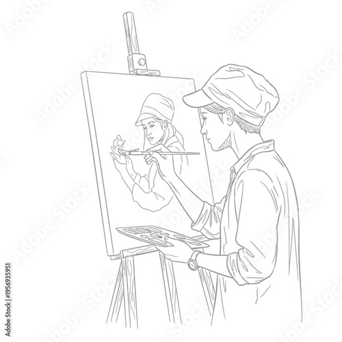 Artist painting self-portrait on easel, holding palette and brush, focused on creation