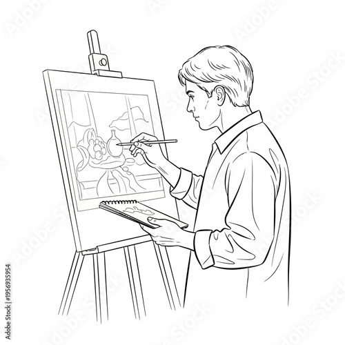 Artist painting still life on easel, holding sketchbook and brush, focused on creative work