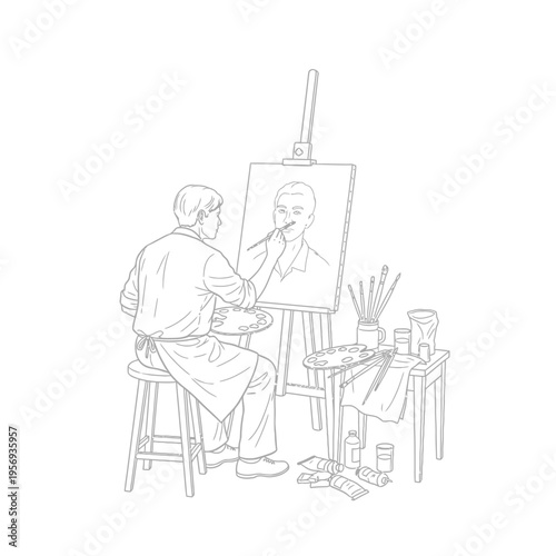 Artist painting self-portrait in studio, easel, palette, brushes, oil paints, creative process