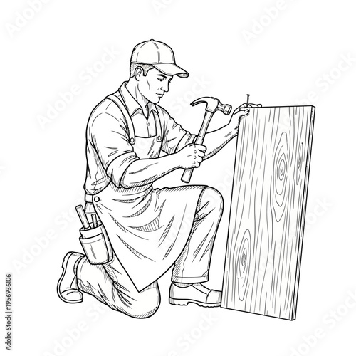 Carpenter kneeling, hammering nail into wooden board, wearing apron and cap, tools in pouch