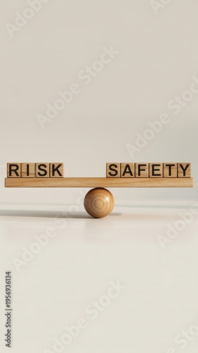 Wooden balance scale with risk and safety blocks on either side