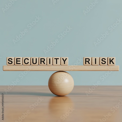Wooden balance scale with SECURITY and RISK blocks on either side