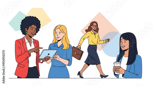 Diverse Businesswomen Using Tablet and Coffee Modern Workplace Collaboration Lifestyle Illustration