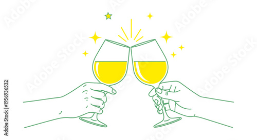 Two Hands Toasting with White Wine Glasses Vector Illustration with Sparkles and Stars in Minimalist Line Art Style