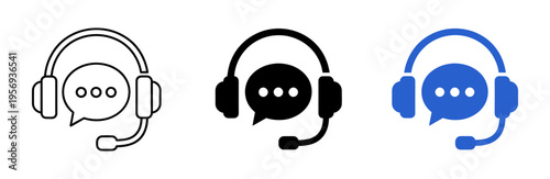 Set of 3 customer service icons vector with headset and speech bubble in outline, solid black, and blue flat styles