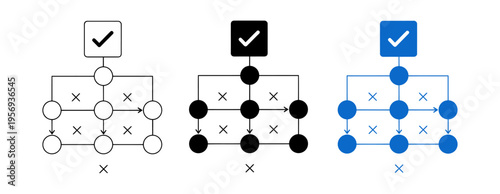 Set of 3 Workflow Automation and Decision Tree Icons Vector in Outline Solid and Blue Flat Style for Business Logic