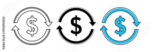 Set of 3 money exchange and cash back icons vector with dollar sign and circular arrows in black and blue styles