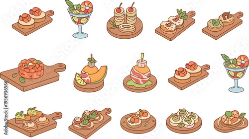 Gourmet appetizer tapas set with seafood bruschetta canapes charcuterie boards and snacks hand drawn flat vector illustration collection