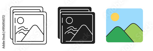 Set of 3 Image Gallery Icons Vector in Outline Glyph and Flat Color Styles for Photography and Digital Media Design