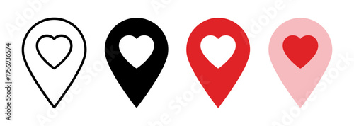 Set of 4 heart map pin icons vector in red black and outline styles for romantic location and wedding destination