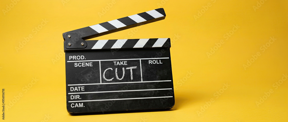 Naklejka premium Movie Clapperboard with Cut Text on Bright Yellow Background