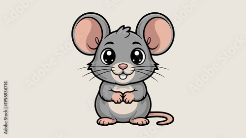 Cute cartoon mouse standing on hind legs with folded paws big eyes and large ears on beige background