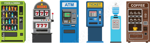 Flat vector illustration of automated self-service terminals including snacks and drinks vending machine, casino slot machine, bank ATM, ticket kiosk, water dispenser, and coffee maker.