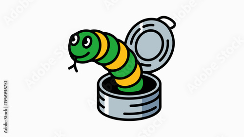 A green and yellow cartoon worm emerges from a gray tin can with a surprised expression on a white background
