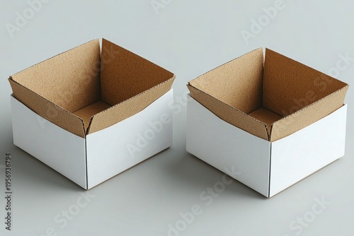 Two open cardboard boxes, white outside and brown inside, on plain background. Perfect for showcasing product packaging, delivery concepts, or storage solutions.