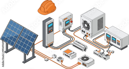 Isometric vector illustration of a solar energy system including photovoltaic panels, power inverters, electrical controllers, and a hard hat for renewable energy maintenance.