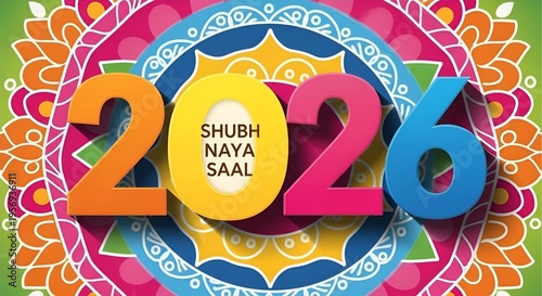 Happy new year 2026 with shubh naya saal text in hindi and colorful indian rangoli background
