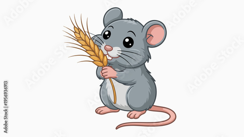 Cute cartoon mouse holding wheat on white background symbolizing harvest or agriculture
