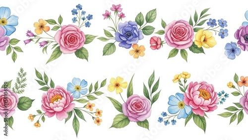 A beautiful floral pattern with colorful flowers and green leaves on a white background