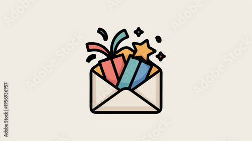 Colorful surprise gift popping out of an envelope with confetti and star symbolizing celebration and excitement in communication