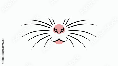 Cartoon cat face with long whiskers and pink nose on white background cute expression
