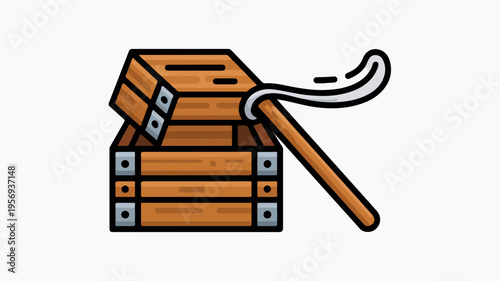 Wooden crate with metal bands and hook isolated on white background symbolizing storage and transportation