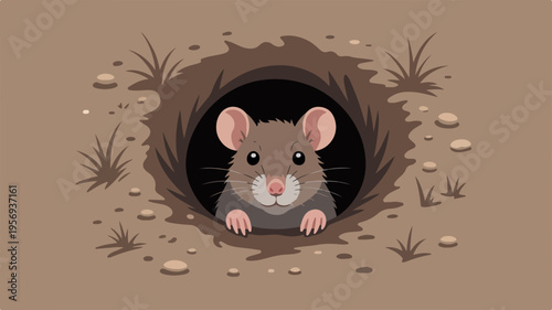 Cute mouse peeking out of a brown dirt hole with grass and rocks around looking curious and playful in a natural outdoor setting