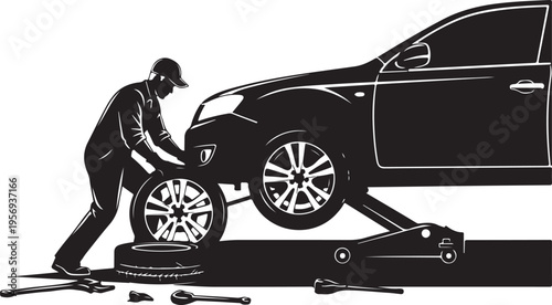 Mechanic changing car tire with tools on lift