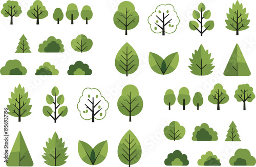 Green tree and leaf icon collection with forest plants bushes and nature elements flat vector illustration set isolated