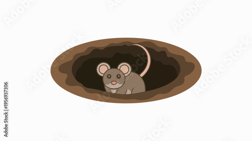 Curious mouse peeking out of a dark brown manhole cover on a white background looking up with big eyes